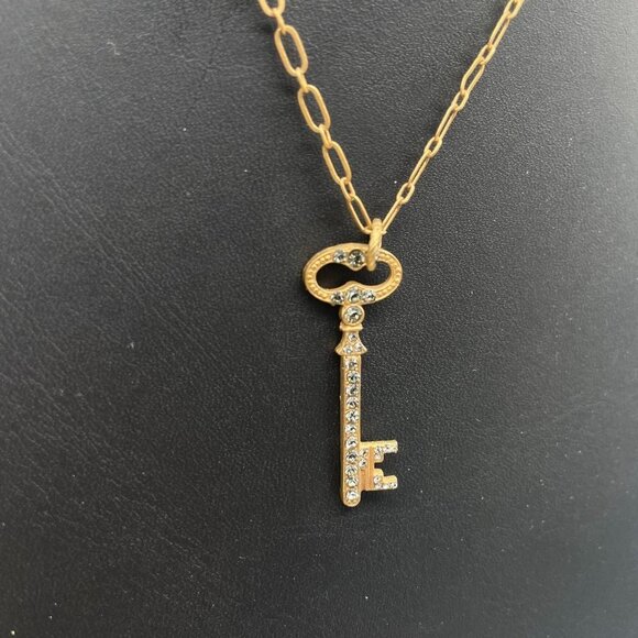 Pave Rhinestone Key Pendant Chain Necklace Gold Tone Casual College School - Picture 4 of 6